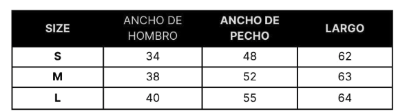 Tabla de tallas de la blusa